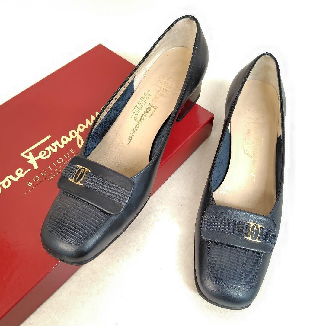 フェラガモ パンプス　5C 使用感少なめ フェラガモ パンプス 5C スクエア リザード チャンキー