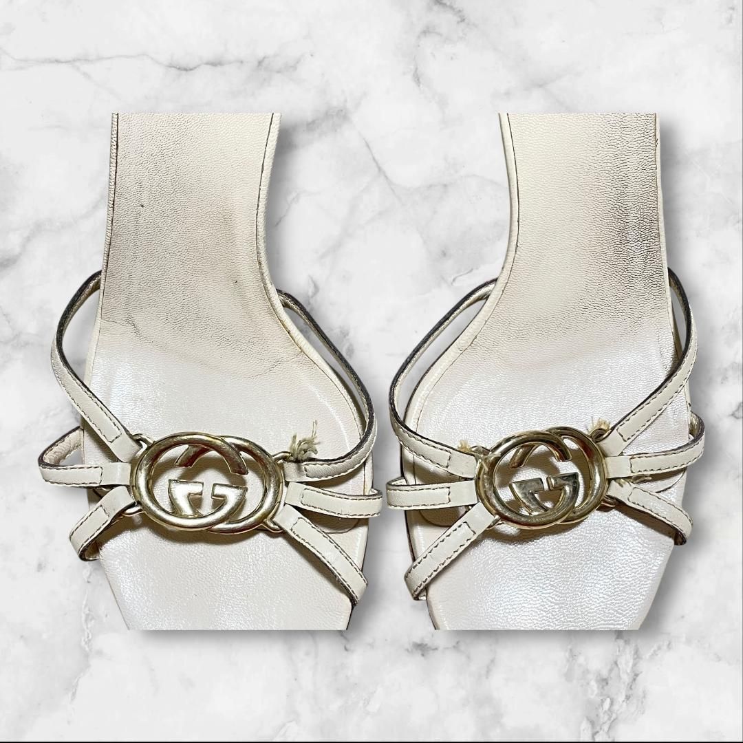 希少　【GUCCI】グッチ　ミュール　サンダル　ヒール　ベージュ　6B 金具 GUCCI グッチ GGロゴ サンダル ミュール 6B ホワイト ヒール - メルカリ
