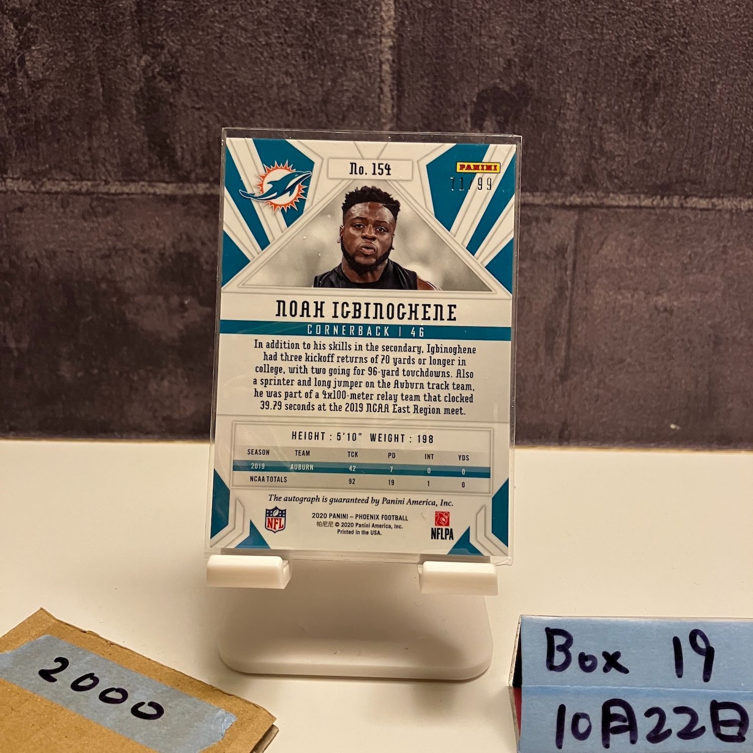 2020 Panini Noah Igbinoghene 71/99 直筆サインカード Miami Dolphins