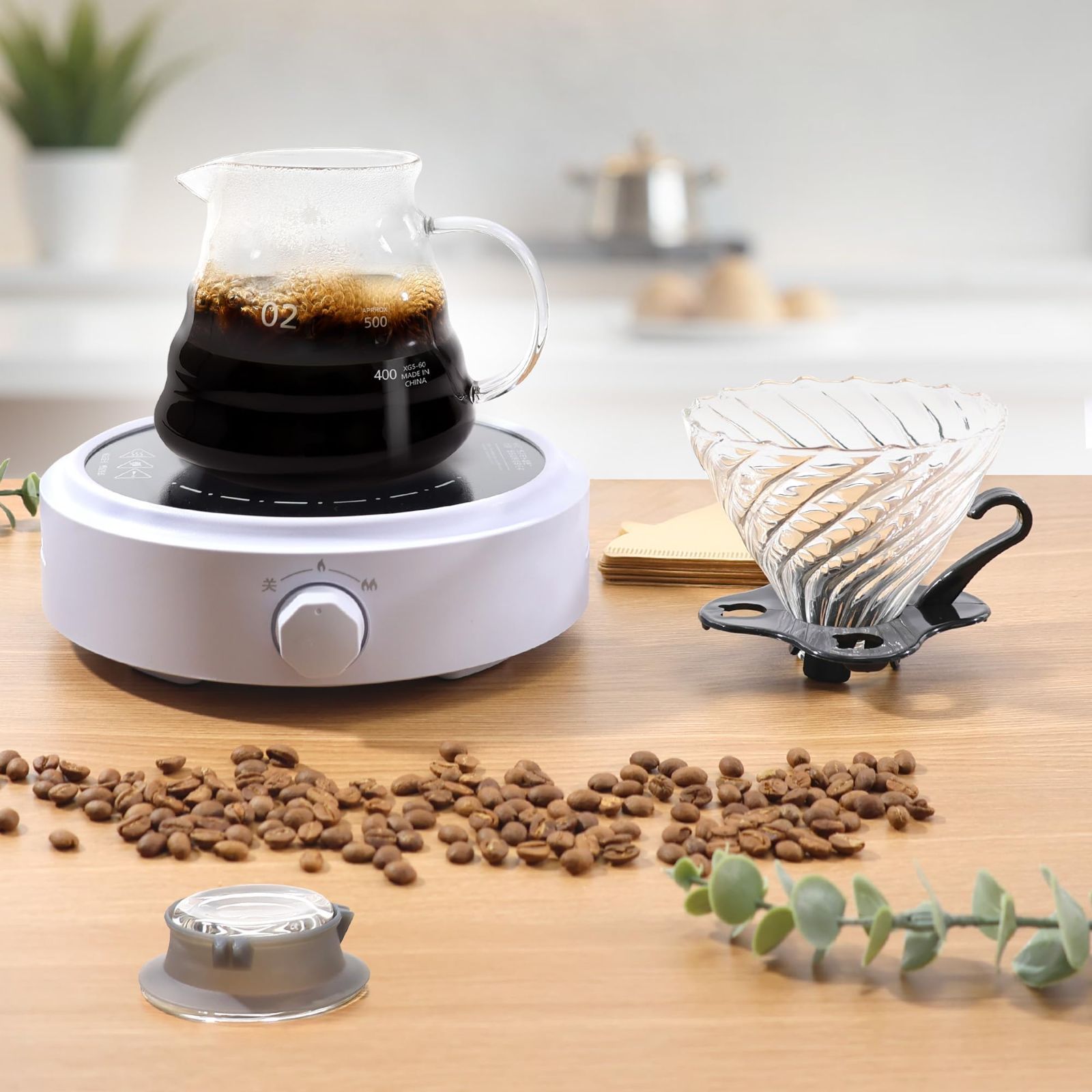 コーヒーサーバー 耐熱ガラス 木製ホルダー コーヒードリッパー 目盛 