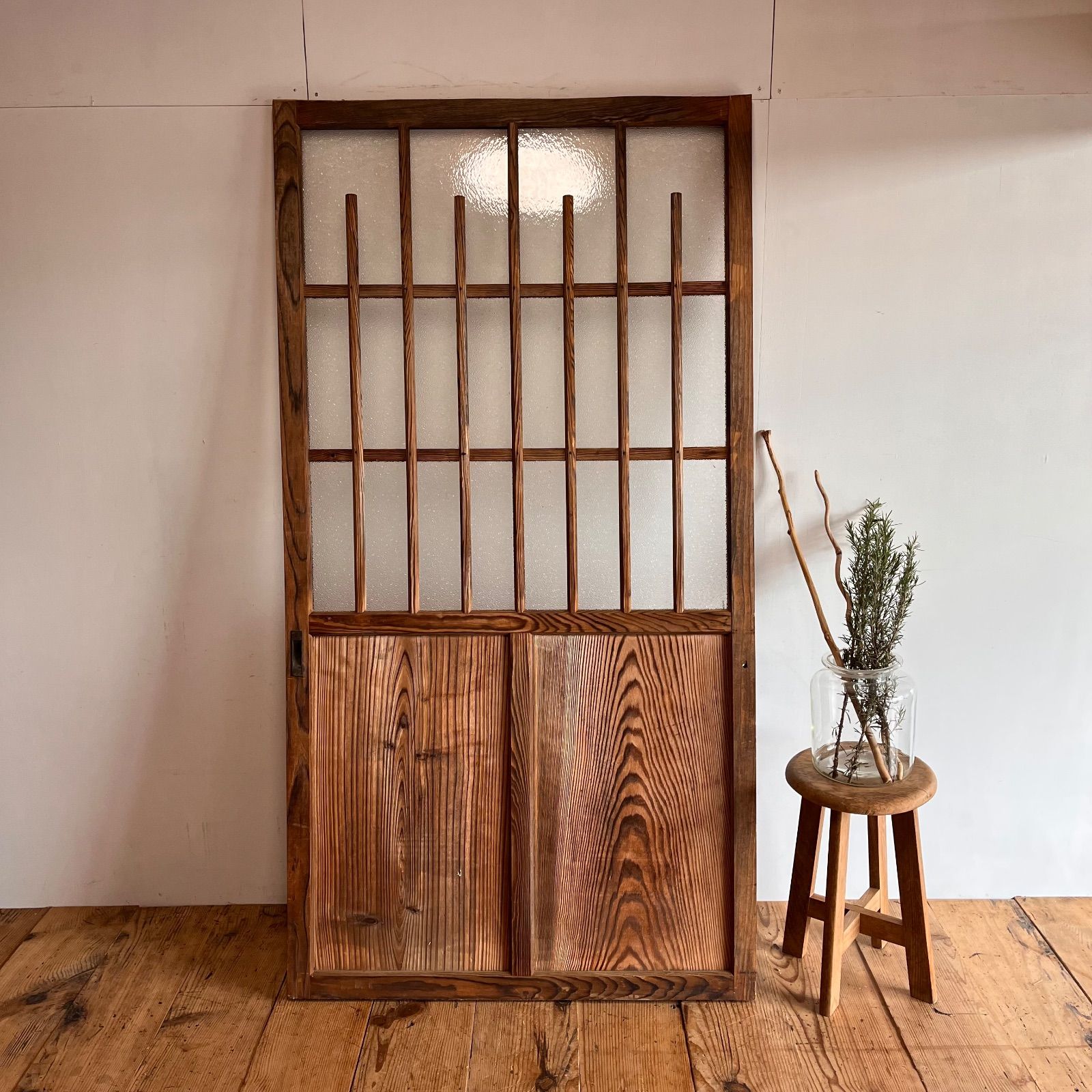 アンティーク 木枠 古建具 格子戸 すりガラス 建具 古民家