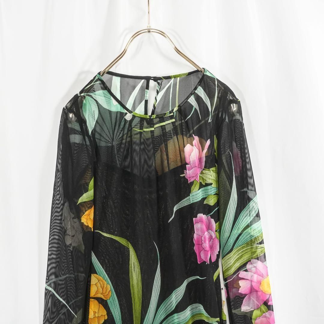 【極美品】レオナール カンカン素材 ワンピース 花柄 マルチカラー サイズ2 極美品】レオナール カンカン素材 ワンピース 花柄 マルチカラー