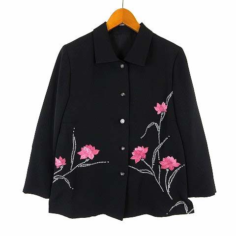 【希少】PINK HOUSE テーラードジャケット 花柄 刺繍 ブラック 日本製 ジャケット 花柄 刺繍 ステンカラー 長袖 M 黒 ブラック ピンク 白