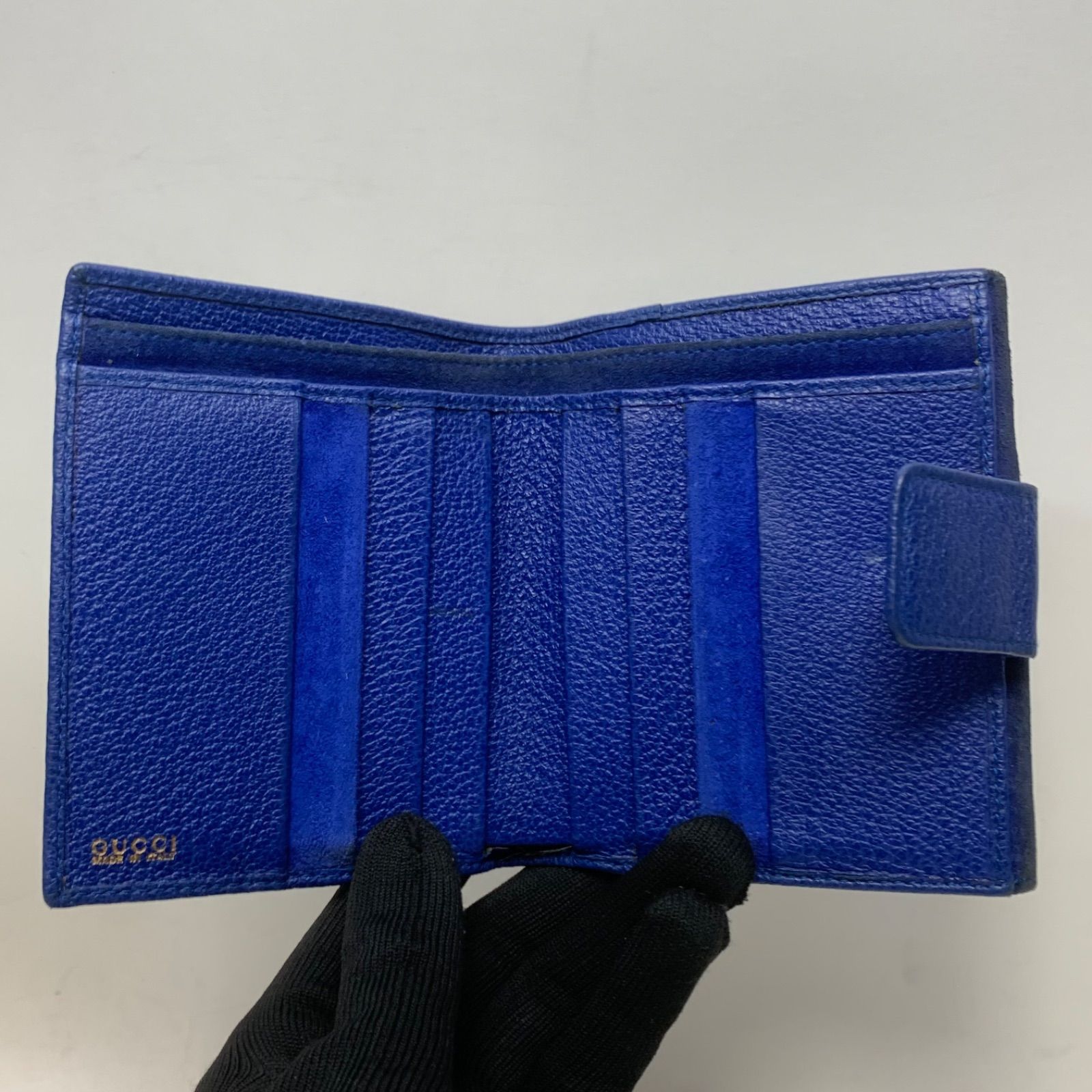 3198 GUCCI グッチ 折り財布 Wホック バンブー ブルー レザー