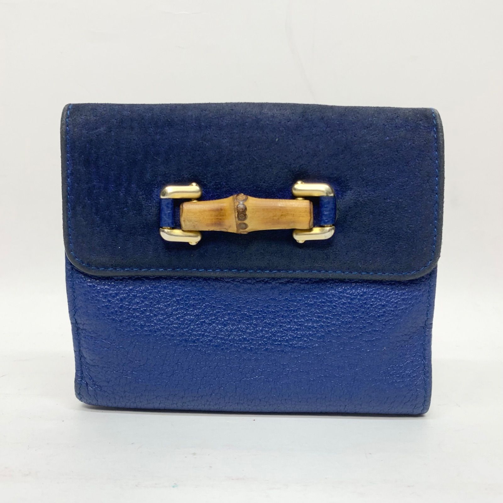 3198 GUCCI グッチ 折り財布 Wホック バンブー ブルー レザー