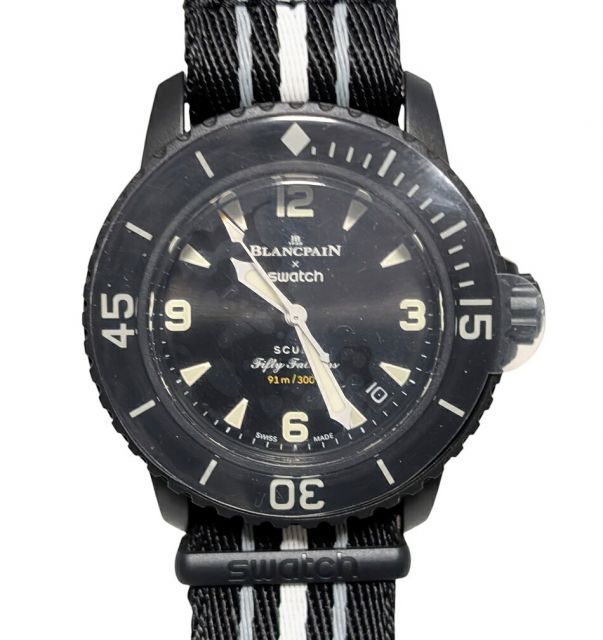 新品同様 ブランパン スウォッチ SO35B400 フィフティファゾムス オーシャンオブストーム  Swatch OCEAN OF STORMS バイオセラミック/ナイロン ブラック文字盤 メンズ 