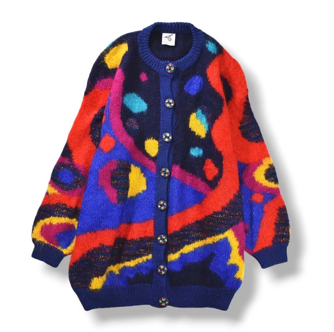 90s Vintage COLOURS ウール モヘア カーディガン M 総柄 90s ヴィンテージ オーストラリア製 ボンゾー BONZO モヘア ウール