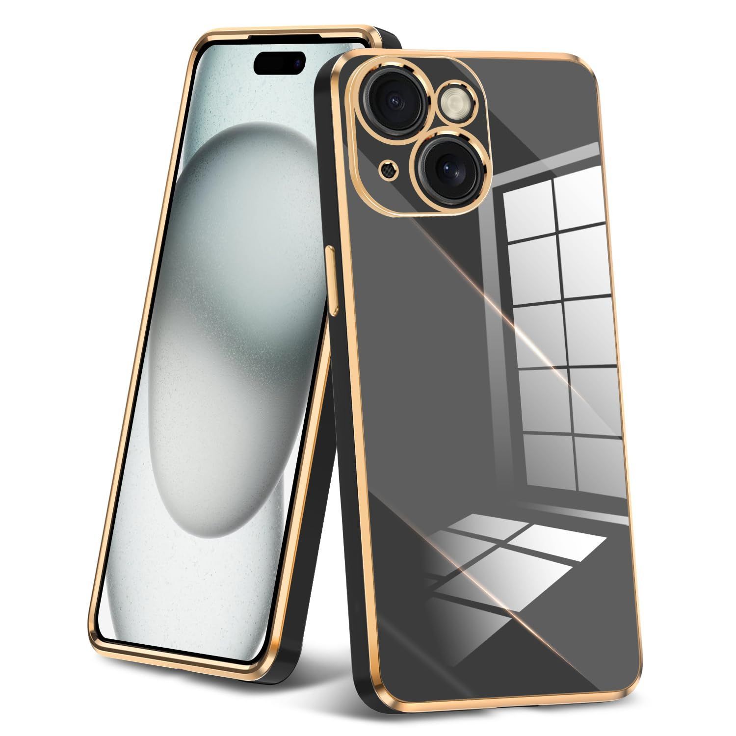【数量限定】JP2-103 ブラック/ゴールド 用カバー アイフォン15 耐久 頑丈 人気 黄変防止 メッキ枠 軽量 薄型 ストラップホール付き ワイヤレス充電対応 透明 ソフト スリム メッキ加工 カメラ