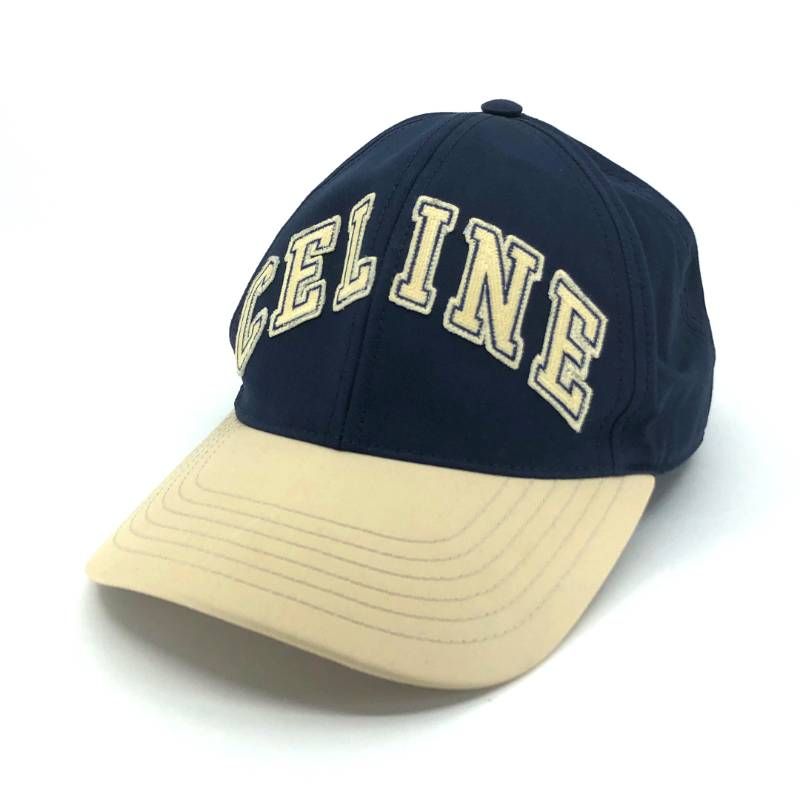 CELINE カレッジ ベースボールキャップ コットン ネイビー ベージュ M 美品】CELINE セリーヌ／カレッジパッチ ベースボールキャップ／M／面