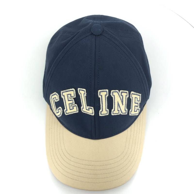 CELINE カレッジ ベースボールキャップ コットン ネイビー ベージュ M 美品】CELINE セリーヌ／カレッジパッチ ベースボールキャップ／M／面