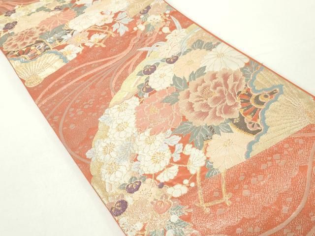 平和屋着物◎六通柄袋帯 扇面草花文 金銀糸 正絹 逸品 DAAZ8960qa