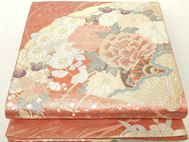 平和屋着物◎六通柄袋帯 扇面草花文 金銀糸 正絹 逸品 DAAZ8960qa