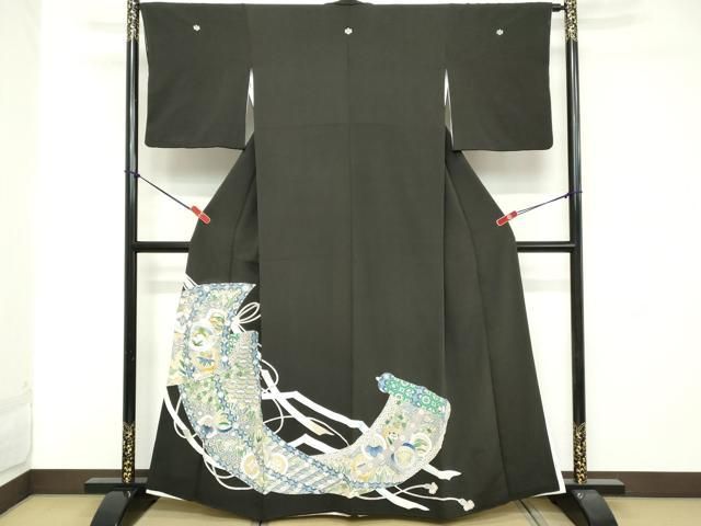 平和屋着物□豪華黒留袖 駒刺繍 絵巻花鳥文 暈し染め 金銀彩 正絹 逸品