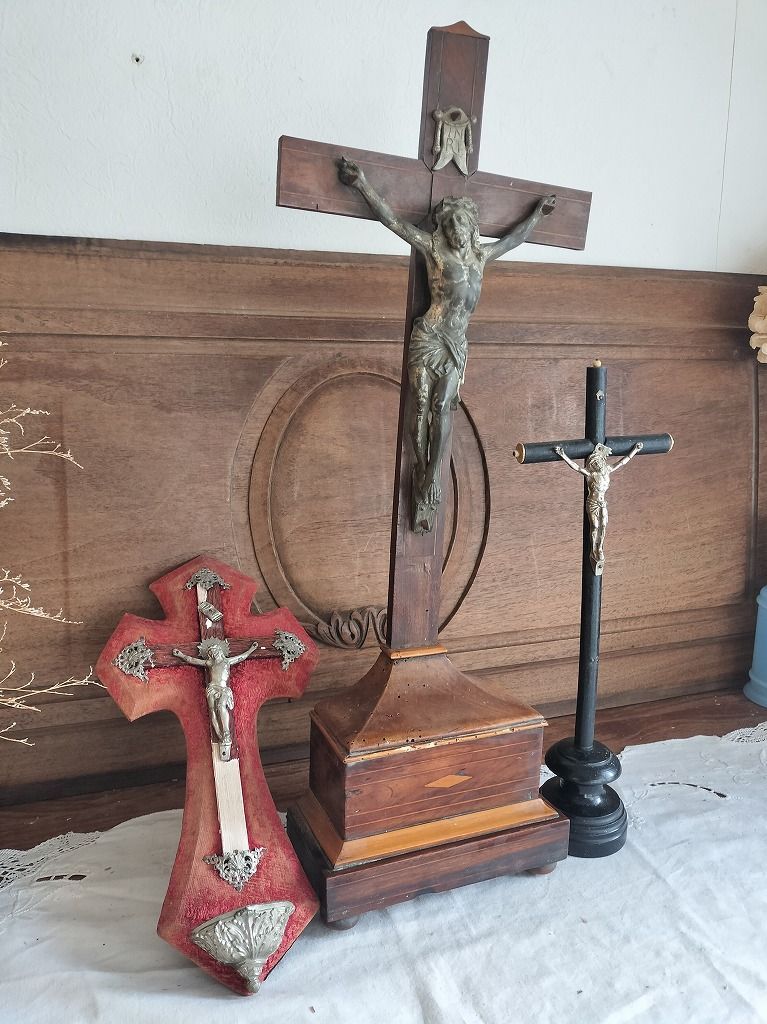 フランス アンティーク ナポレオン3世 工場 木製 十字架 スタンド 3点