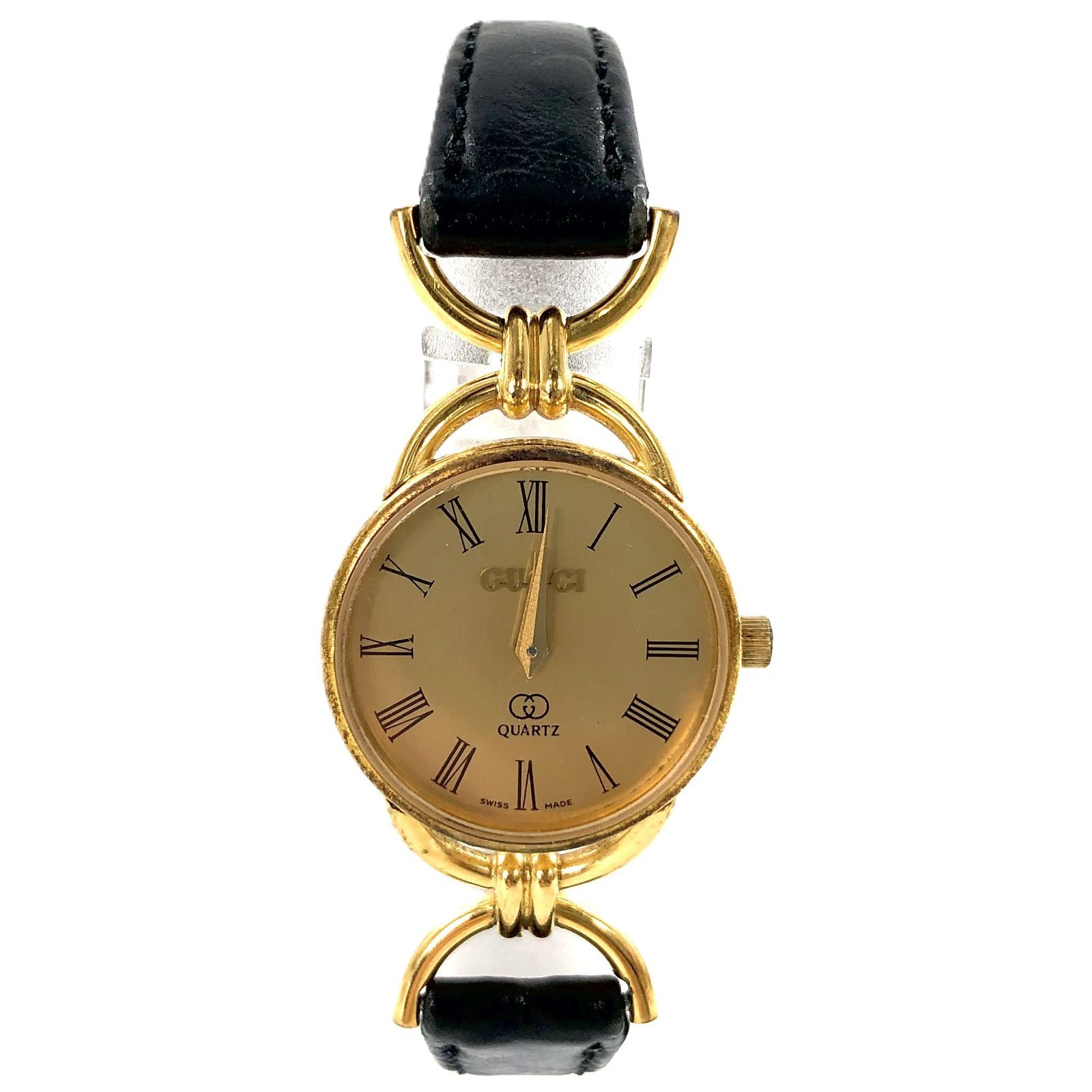 GUCCI グッチ 6000L SS×レザー/QZ ゴールド文字盤 レディース腕時計