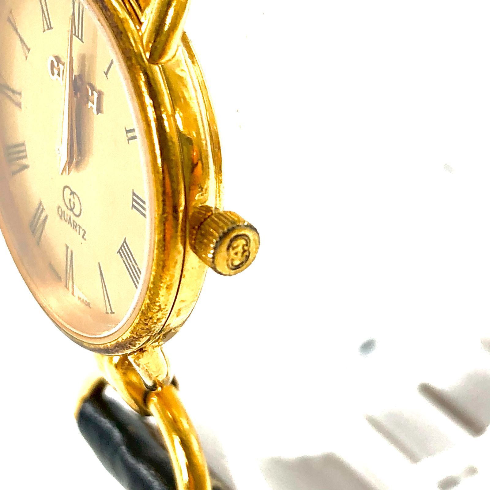 GUCCI グッチ 6000L SS×レザー/QZ ゴールド文字盤 レディース腕時計