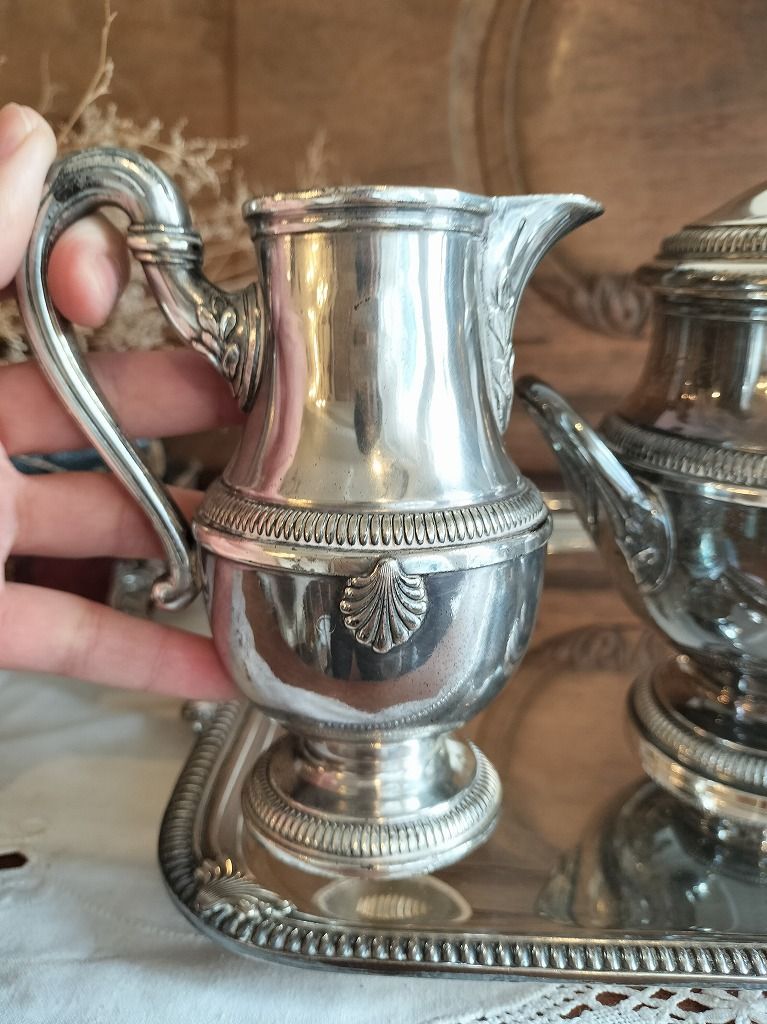 フランス アンティーク 銀メッキ ティーポット トレーつき 4点セット