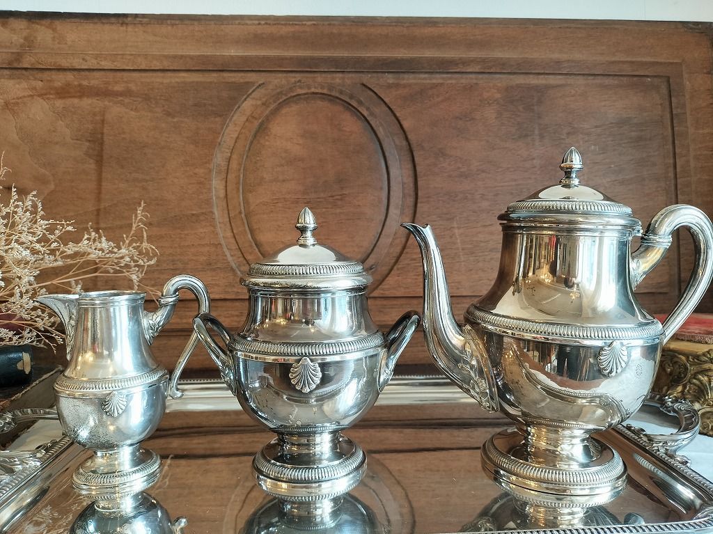 フランス アンティーク 銀メッキ ティーポット トレーつき 4点セット