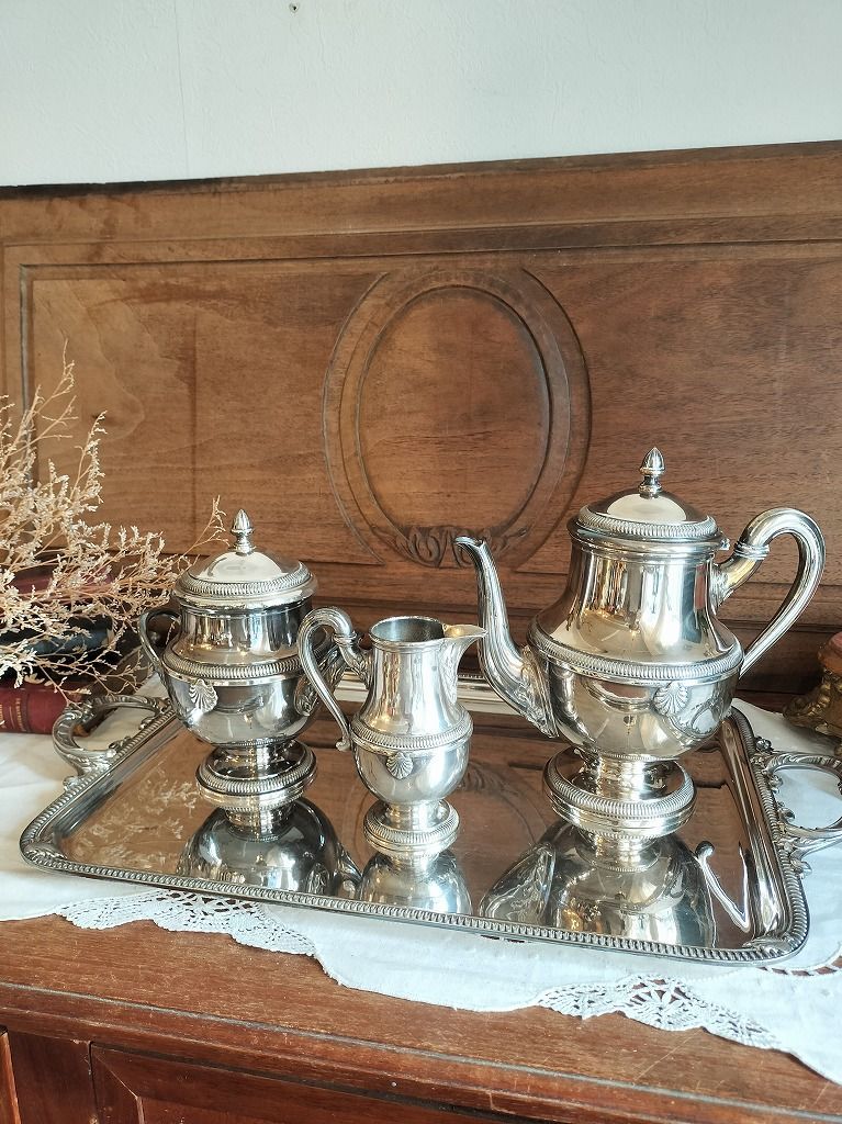 フランス アンティーク 銀メッキ ティーポット トレーつき 4点セット