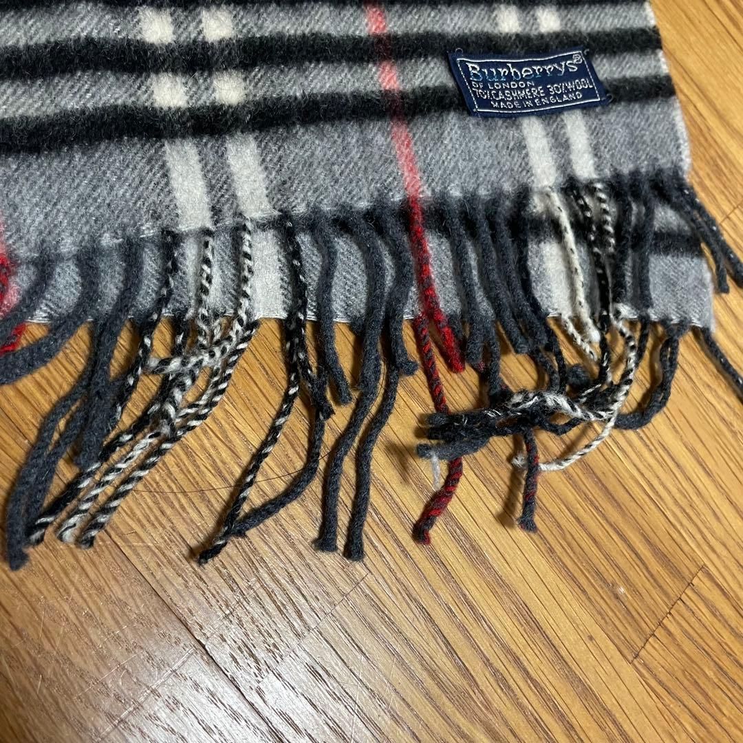 美品　バーバリー　カシミヤ グレー　チェック　マフラー　スコットランド製 Burberry】マフラー グレーチェック カシミヤ100% スコットランド製