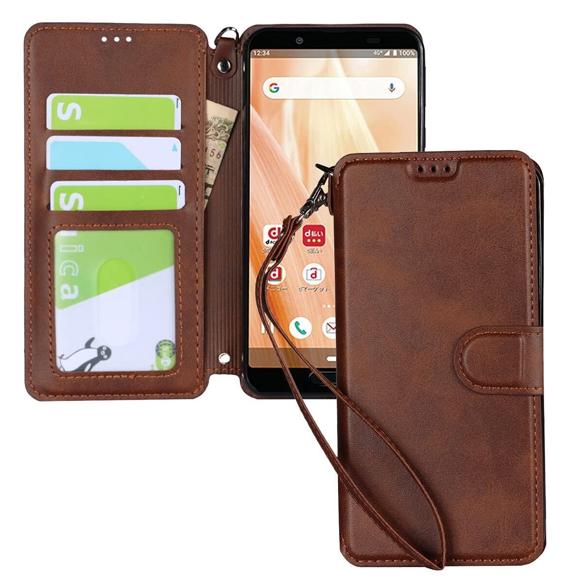 【数量限定】横置きスタンド機能 マグネット付き カード収納 ストラップ付き Pelanty シャップ PUレザー S7 アクオスSense3/3 One Android lite lite スマホケース 財布型 SH-RM12 Sense3 携帯カバー ケース