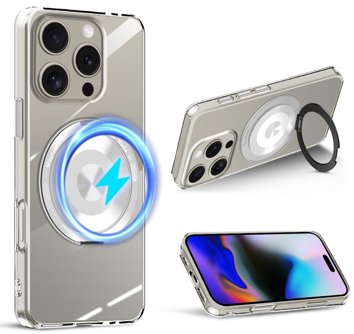 【人気商品】pro max 16 カバー 16 軽量 アイフォン 薄型 耐衝撃 人気 ワイアレス充電対応 iPhone16ProMax MagSafe対応 スマホケース 360回転スタンド 透明 クリア TPU ケース + 用 PC Max 車載ホルダー対応