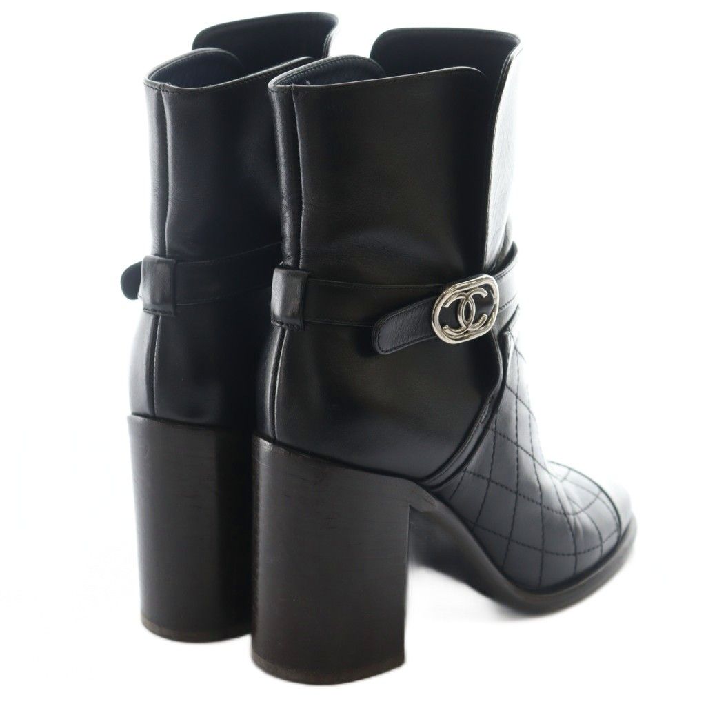 シャネル CHANEL ショートブーツ チャンキーヒール レザー 36.5 黒