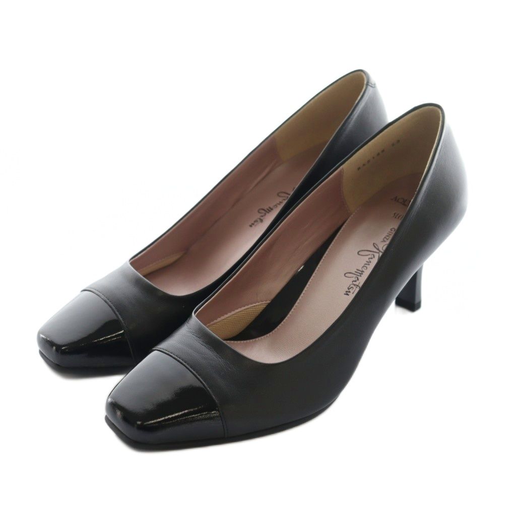 GINZA Kanematsu ブラック スクエアトゥ パンプス 中ヒール 銀座かねまつ GINZA Kanematsu スクエアトゥパンプス レザー 23.0cm 黒
