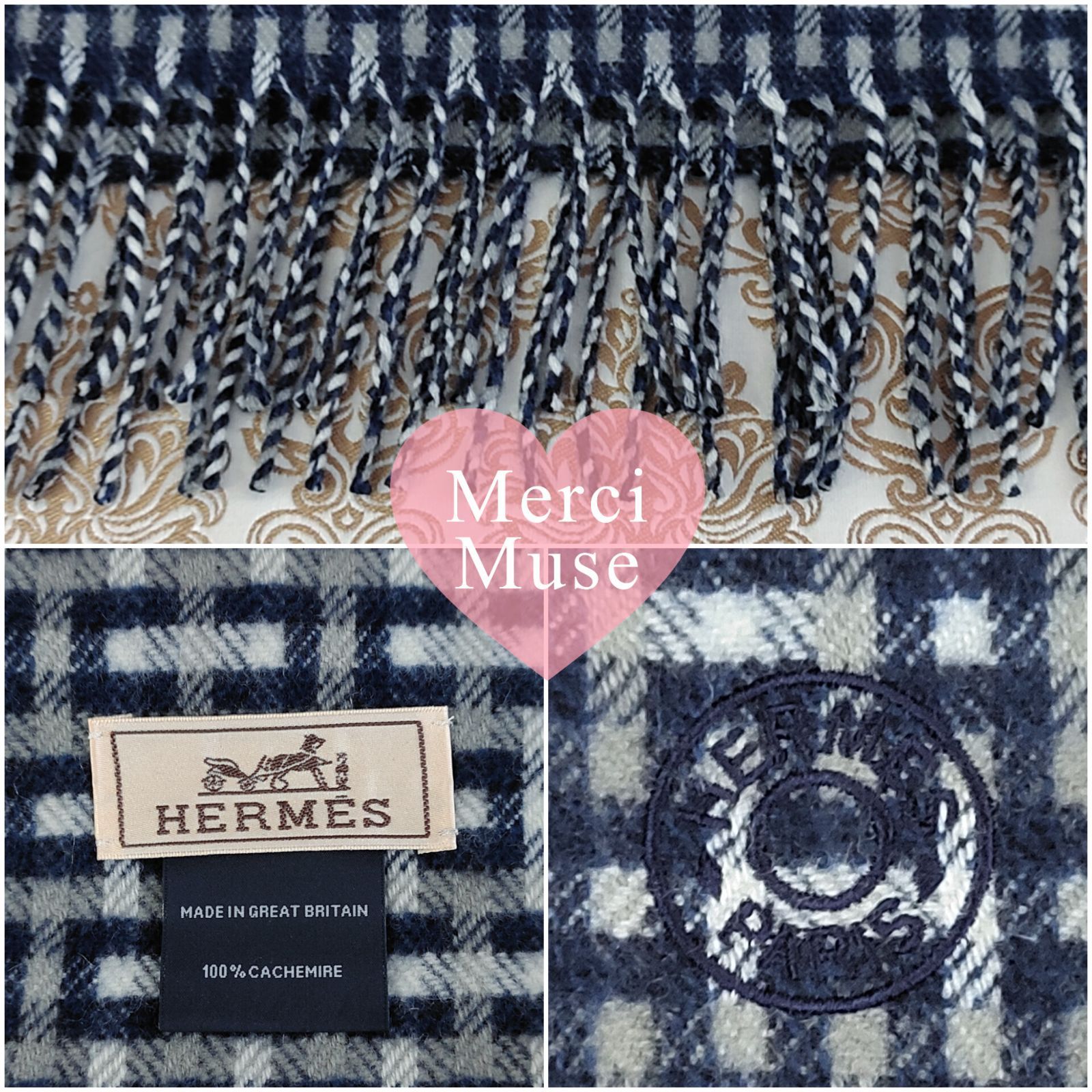 ❤未使用品❤刺繍ロゴ H柄カシミヤマフラー ネイビーxグレー エルメス