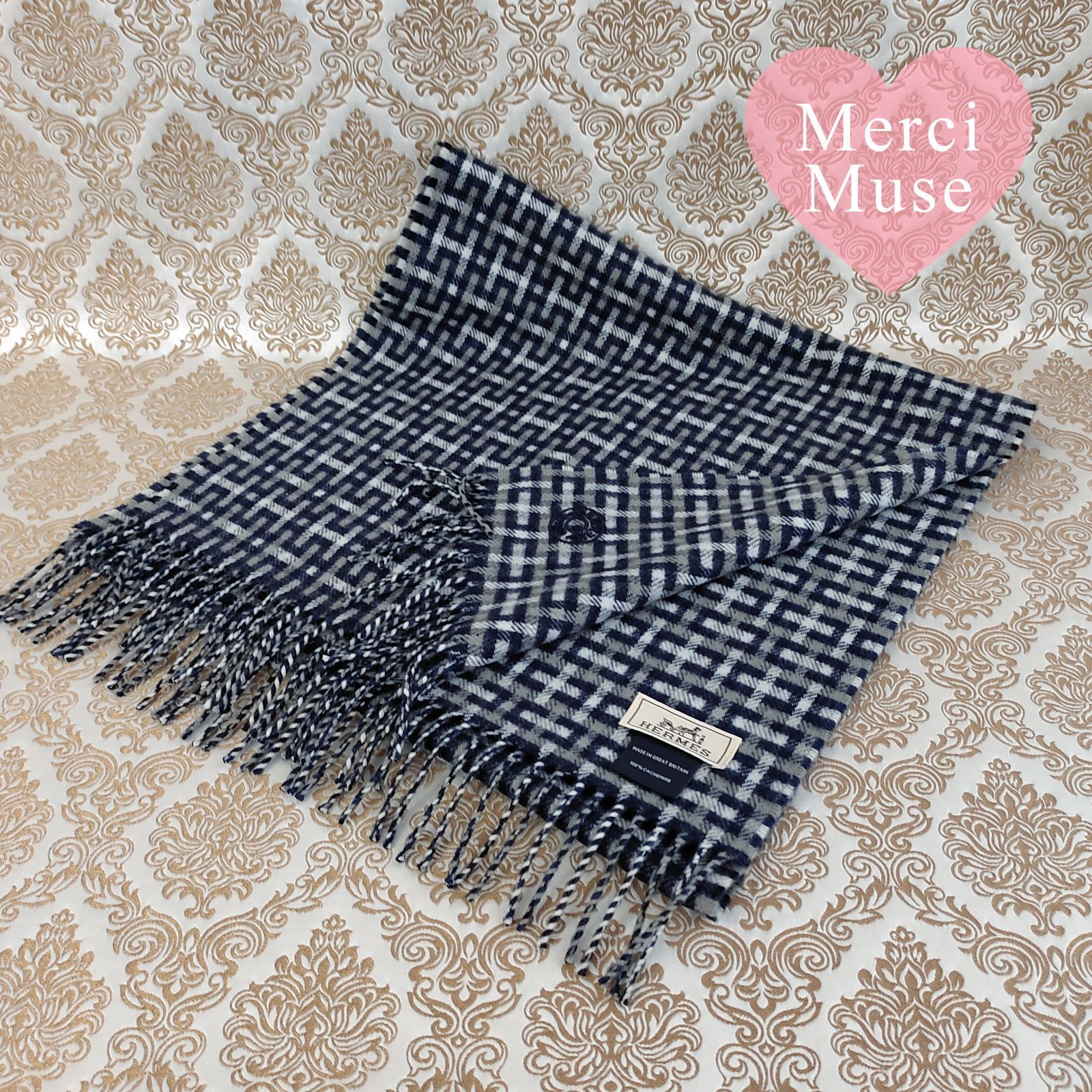 ❤未使用品❤刺繍ロゴ H柄カシミヤマフラー ネイビーxグレー エルメス