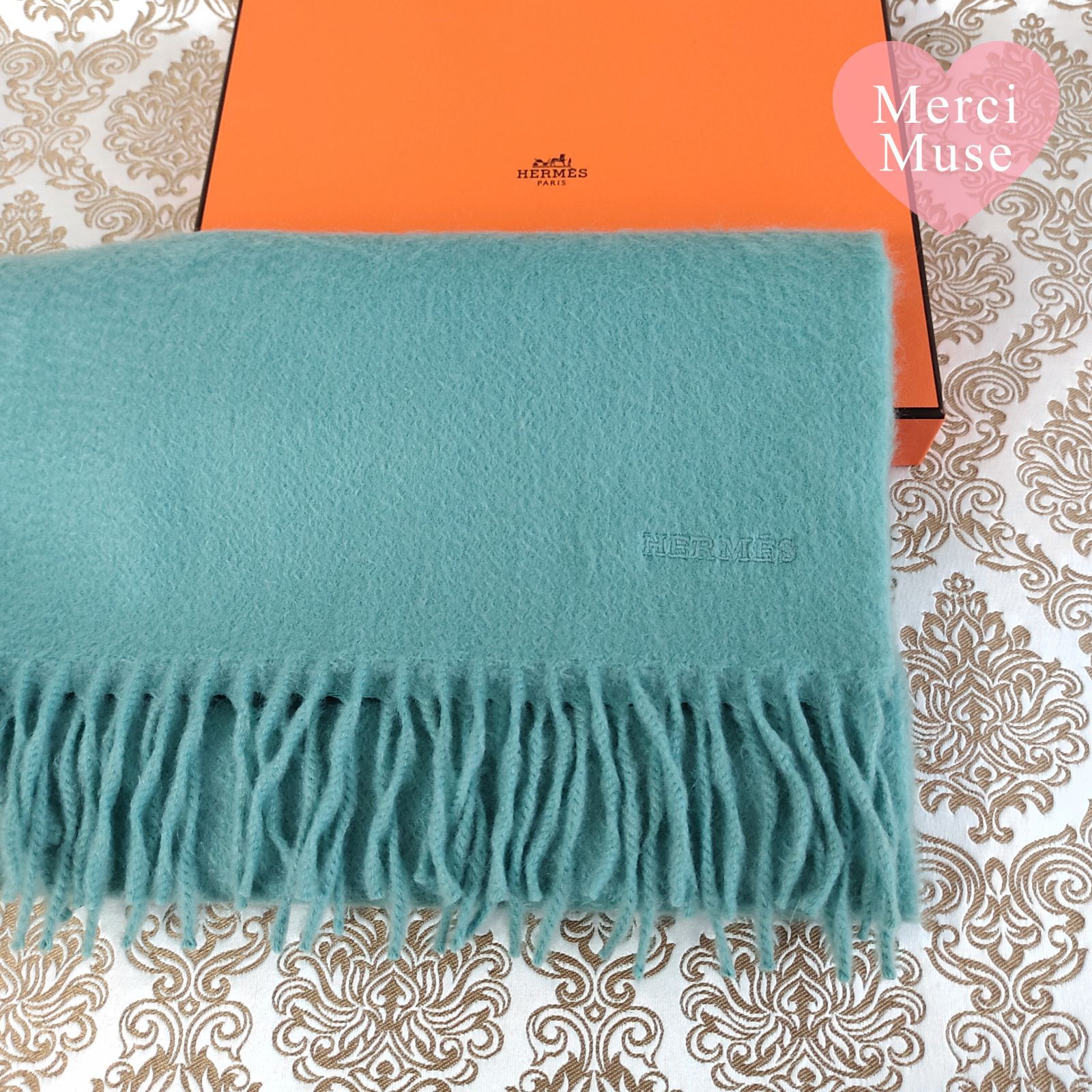 ❤未使用品❤カシミヤマフラー ブルーグリーン エルメス 箱付