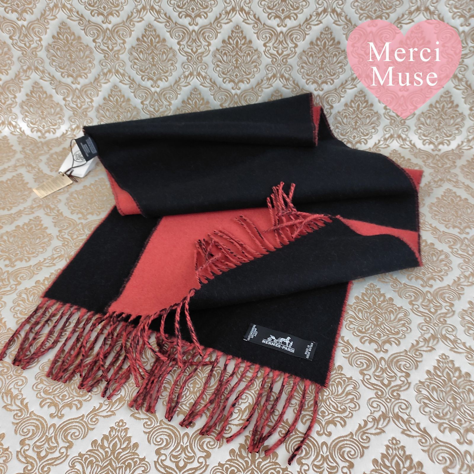 ❤未使用品❤カシミヤマフラー コンビ ブラックXコーラル エルメス 箱