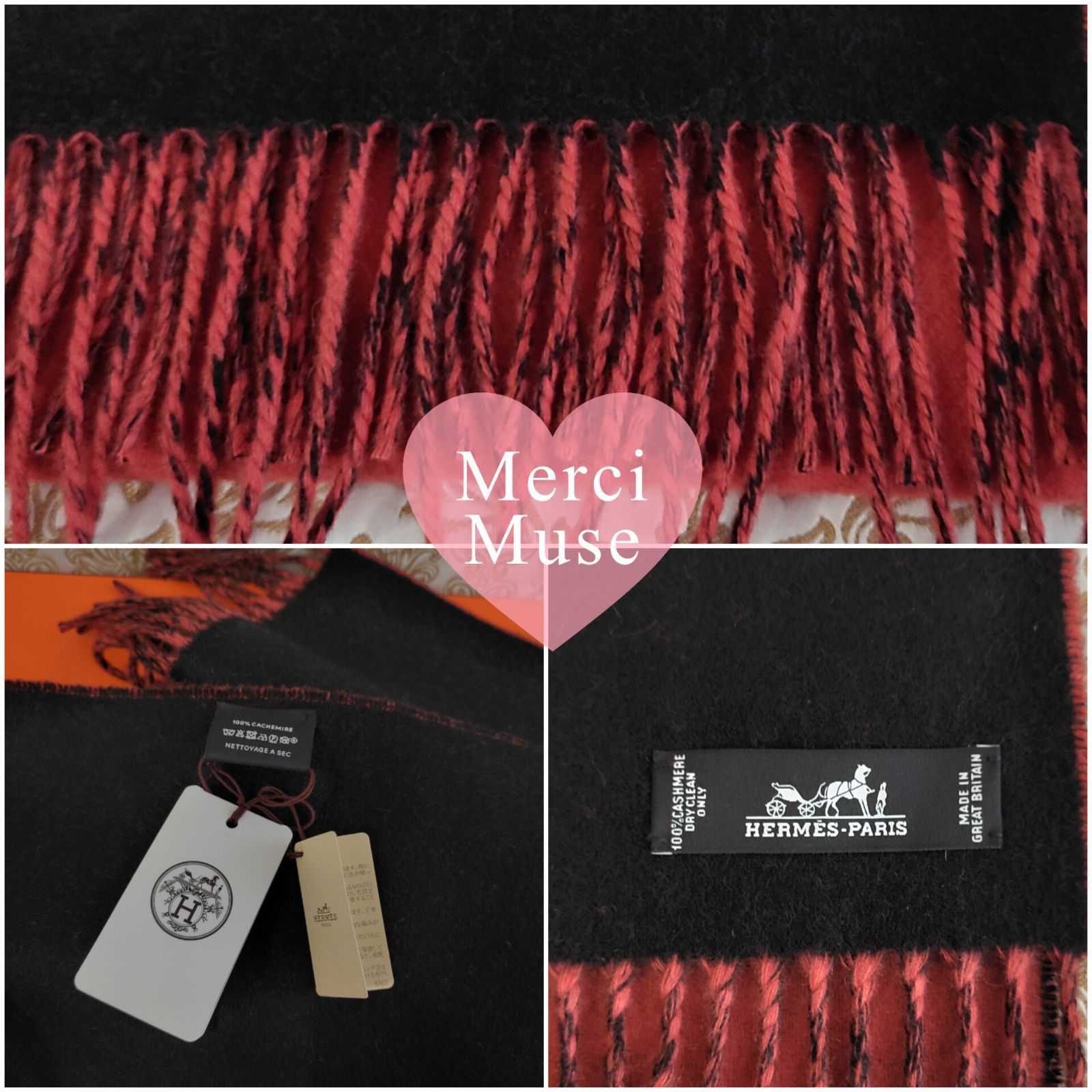 ❤未使用品❤カシミヤマフラー コンビ ブラックXコーラル エルメス 箱