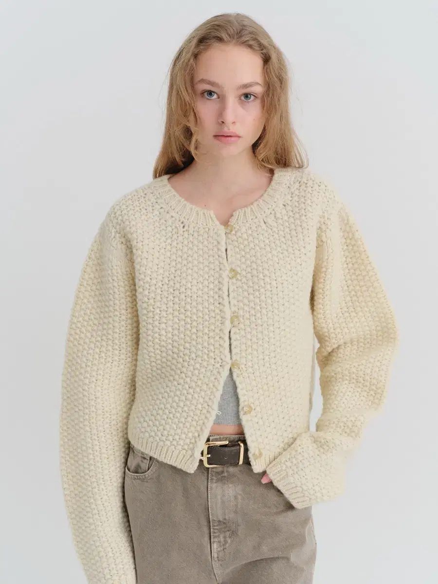 リボン빛 Teddy ニット カーディガン アイボリー 割引