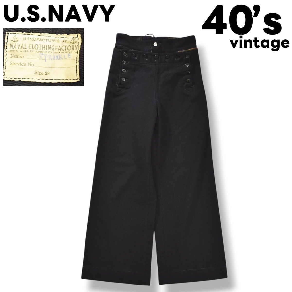 40s US NAVYNAVALCLOTHINGFACTORYセーラーパンツ実物 40s 米軍 U.S.NAVY NAVAL メルトン ウール セーラーパンツ カスタム