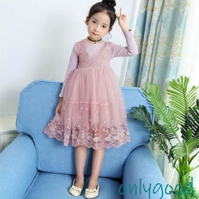 ワンピース キッズ 子供 ドレス 長袖 レース 女の子 チュニック 子供服 こども服 子ども服 プチプラ ロング 無地 ドレス リブ 秋 冬 春 10