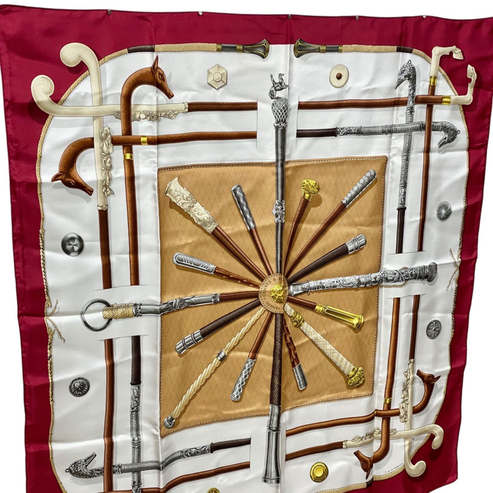 美品 エルメス カレ90 CANNES & POMMEAUX シルクスカーフ ステッキ柄