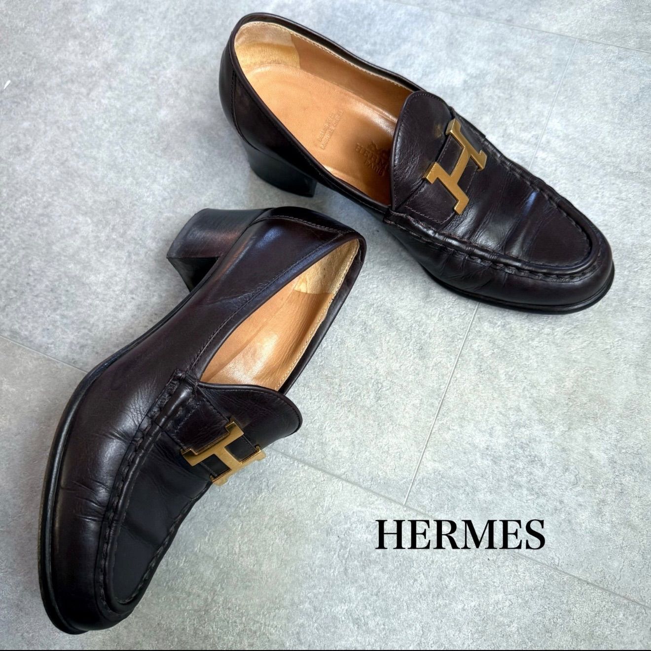 エルメス HERMES Hロゴ付きブラウンレザーローファー 【公式通販】