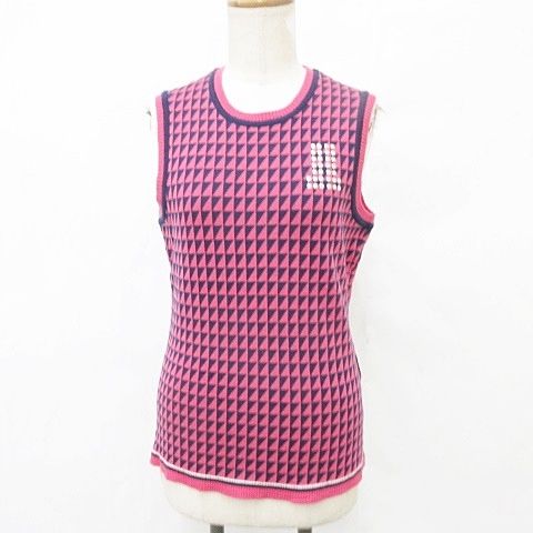 ランバン スポール LANVIN SPORT ゴルフ スポーツウエア ニット ベスト クルーネック プルオーバー 幾何柄 刺繍 ウール ピンク 紺 ネイビー 40