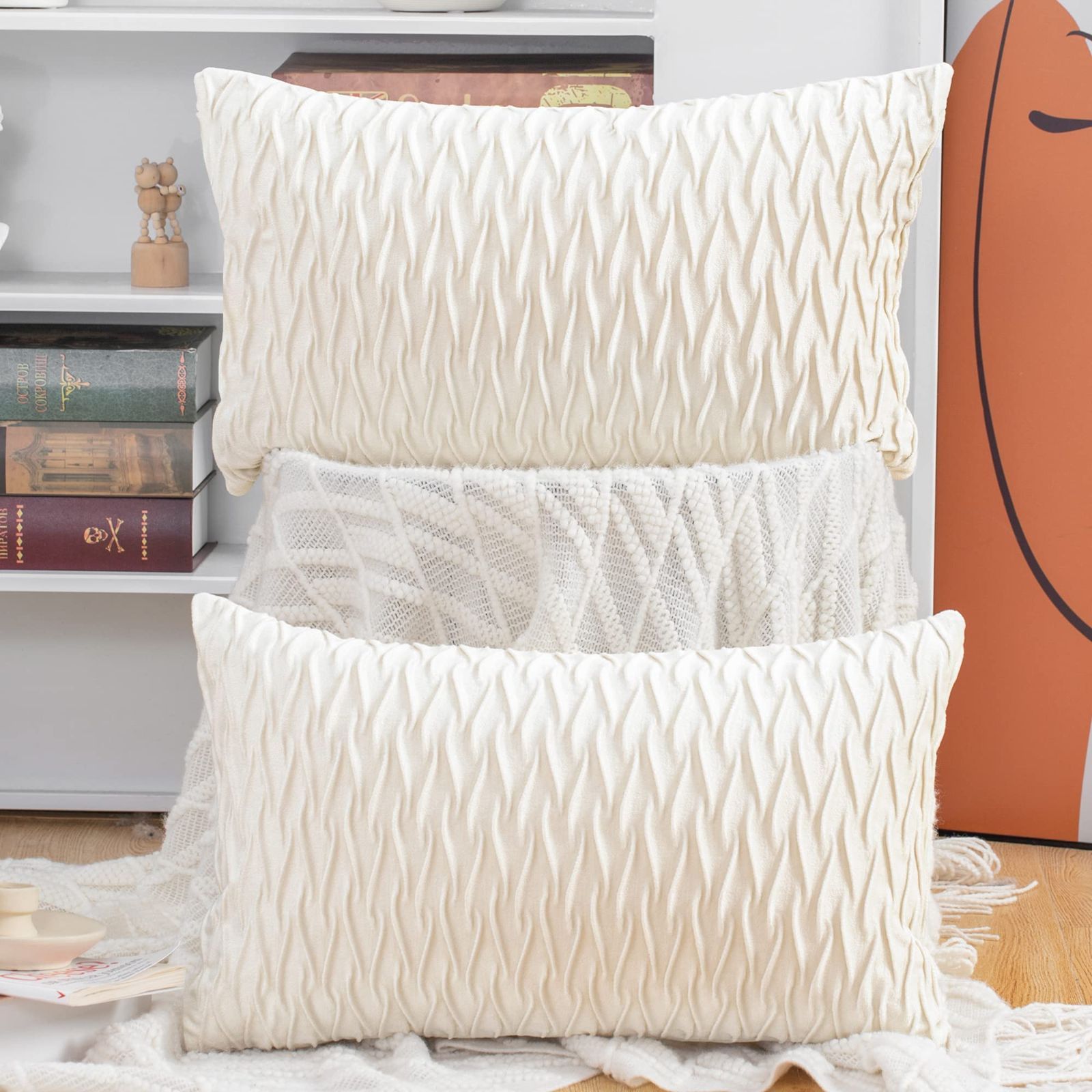 【人気商品】背当て 装飾 ビロード無地 枕カバー 座布団カバー 柔らかい ソファ用 北欧 寝室用 30 2枚セット x クッションカバー 50 cm Madizz 白い