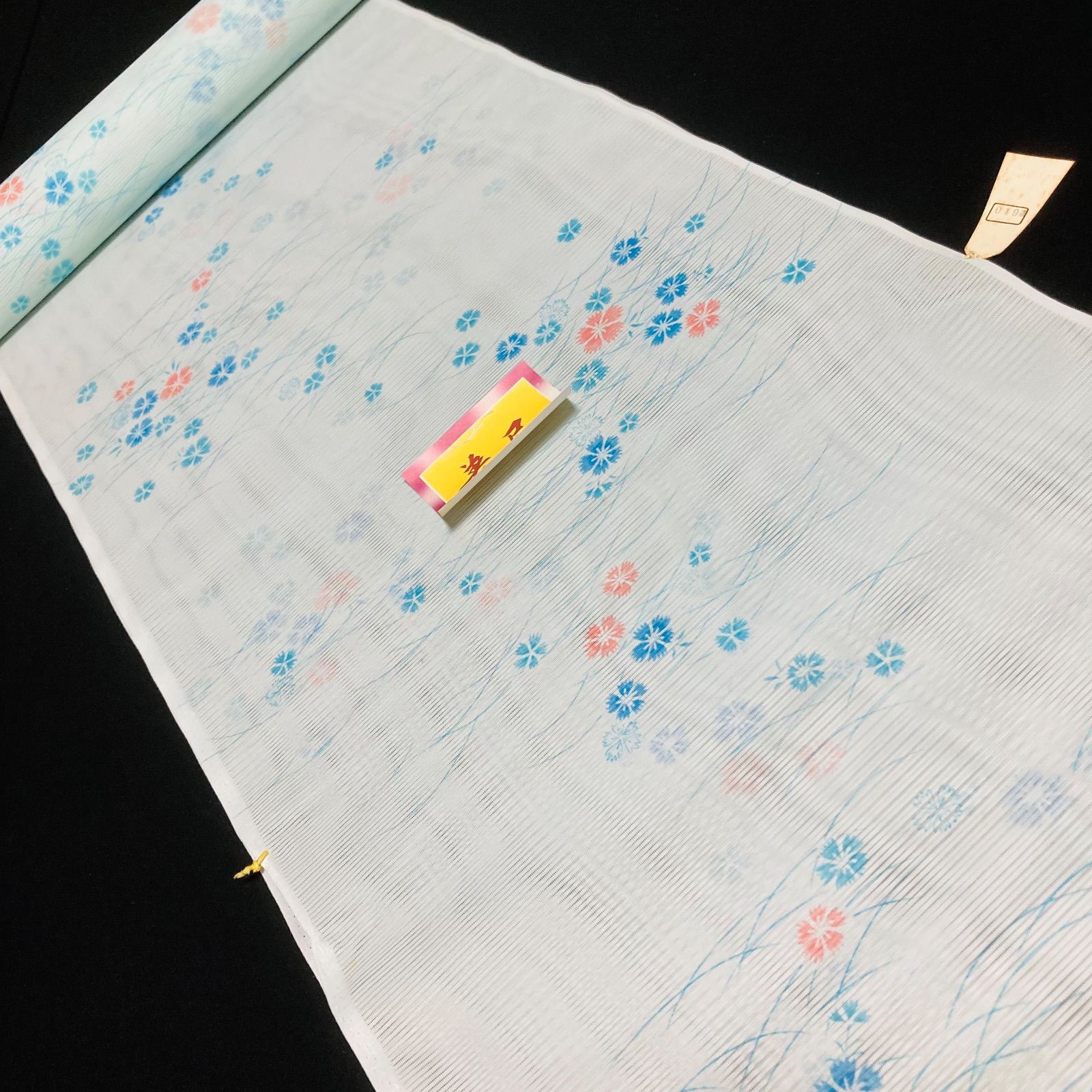 【予約済】y82【着物と帯 オレンジ】割と綺麗なポリエステル化繊小紋着尺反物5点 着物と帯オレンジ y182◾️割と綺麗な夏物駒絽ポリエステル化繊小紋