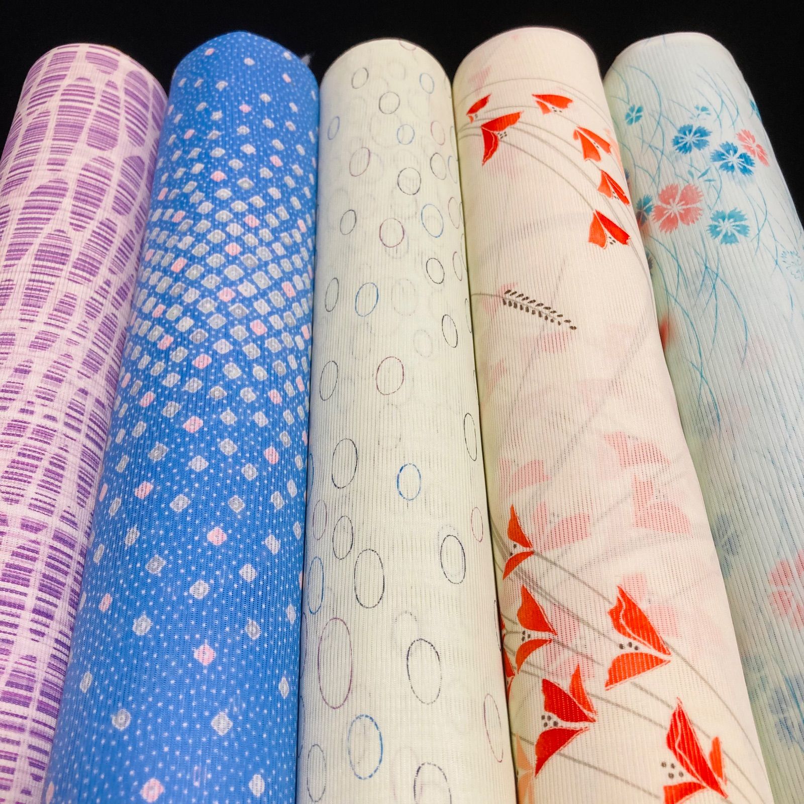 【予約済】y82【着物と帯 オレンジ】割と綺麗なポリエステル化繊小紋着尺反物5点 着物と帯オレンジ y182◾️割と綺麗な夏物駒絽ポリエステル化繊小紋