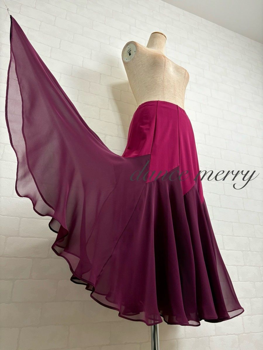 新品 社交ダンス スカート ミディアム丈 短め ワイン 赤 ワルツ