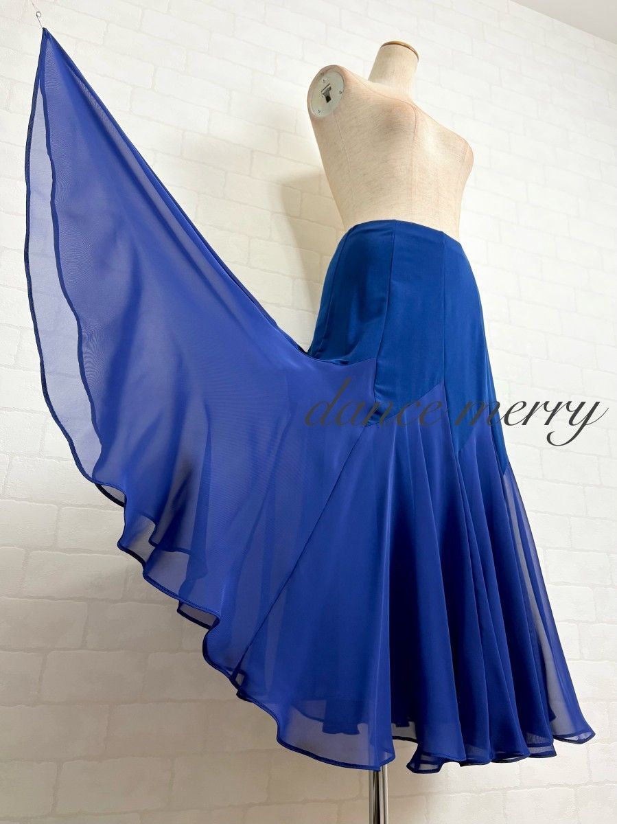 新品 社交ダンス スカート ミディアム丈 短め 青 ワルツ レッスン 4597