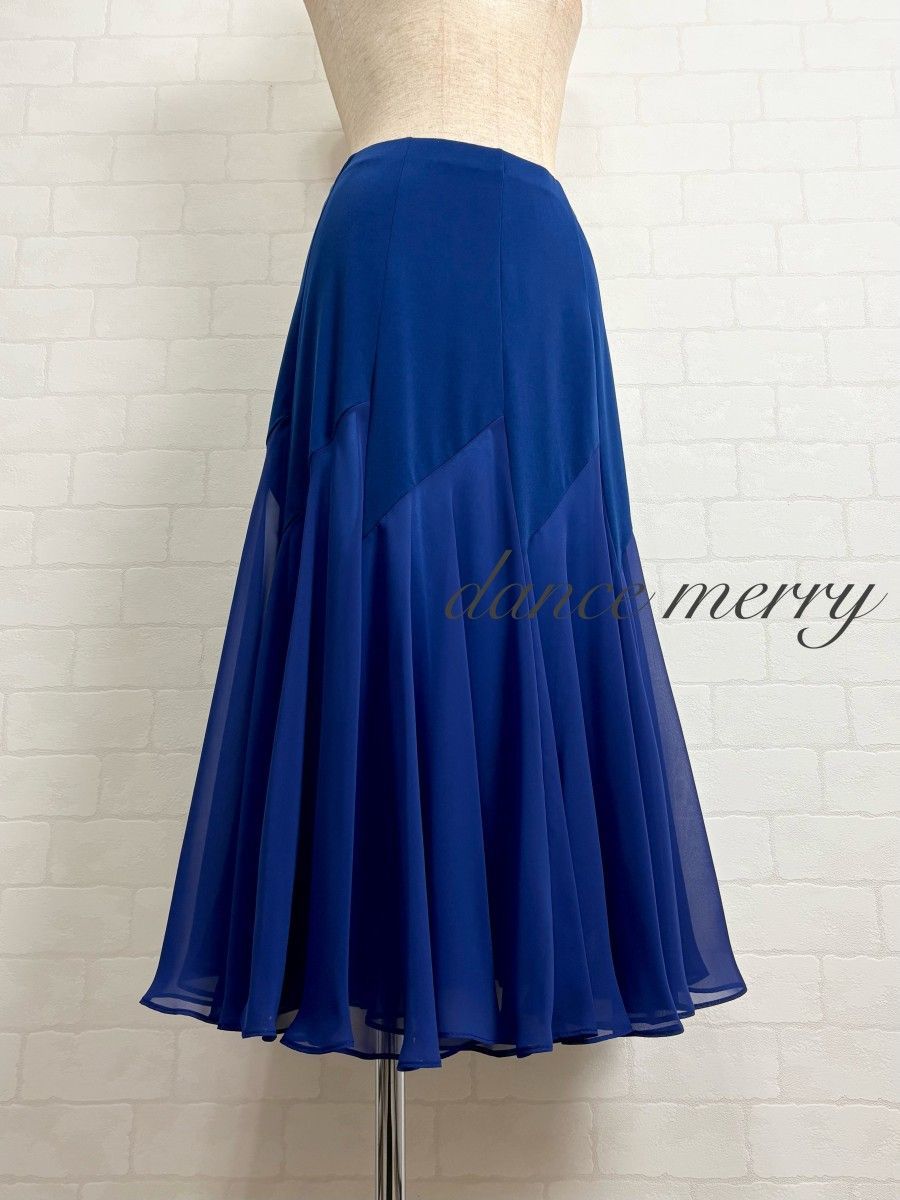 新品 社交ダンス スカート ミディアム丈 短め 青 ワルツ レッスン 4597