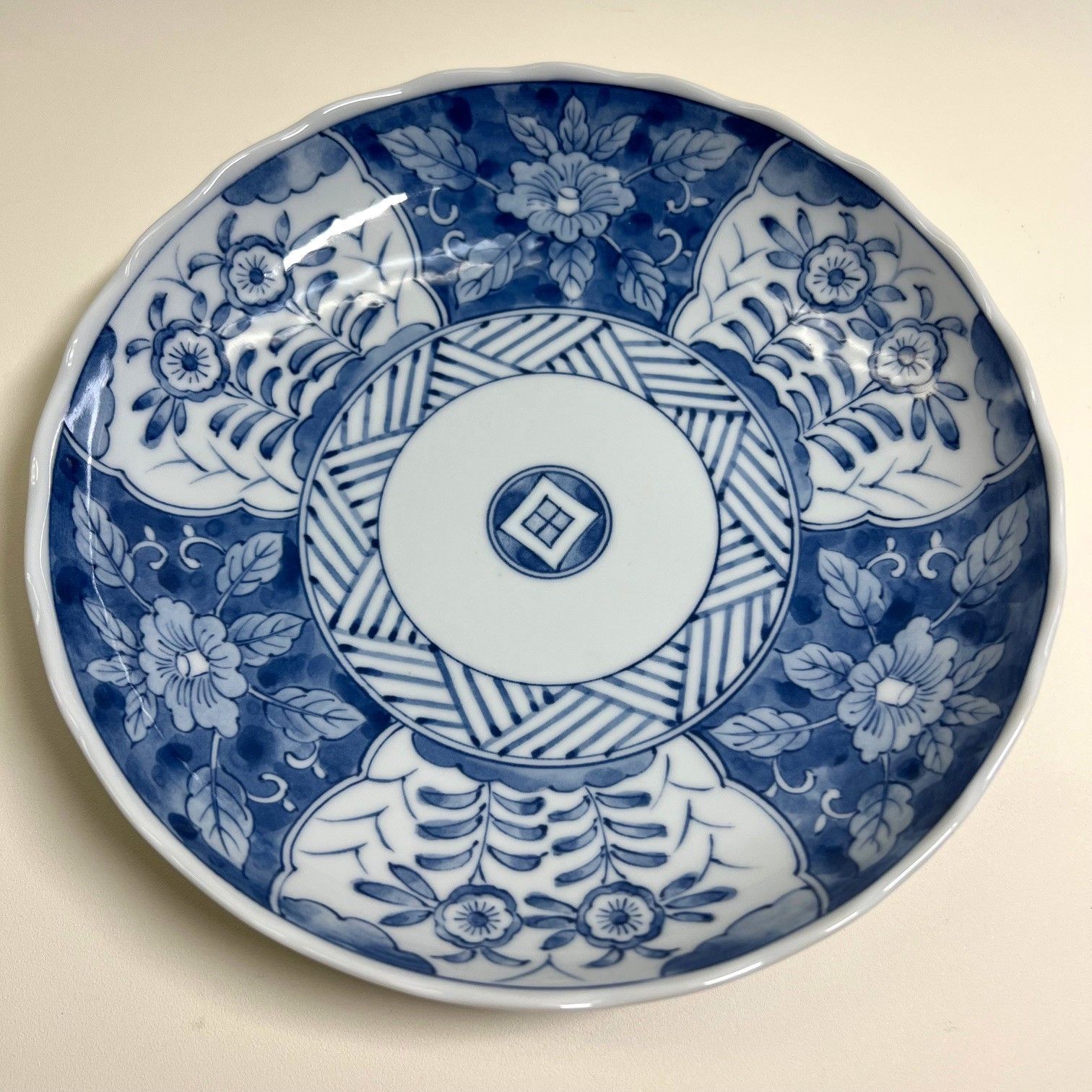 美品】三洋陶器 林斎 龍峰窯 中皿 染付絵がわり5客セット 直径約19