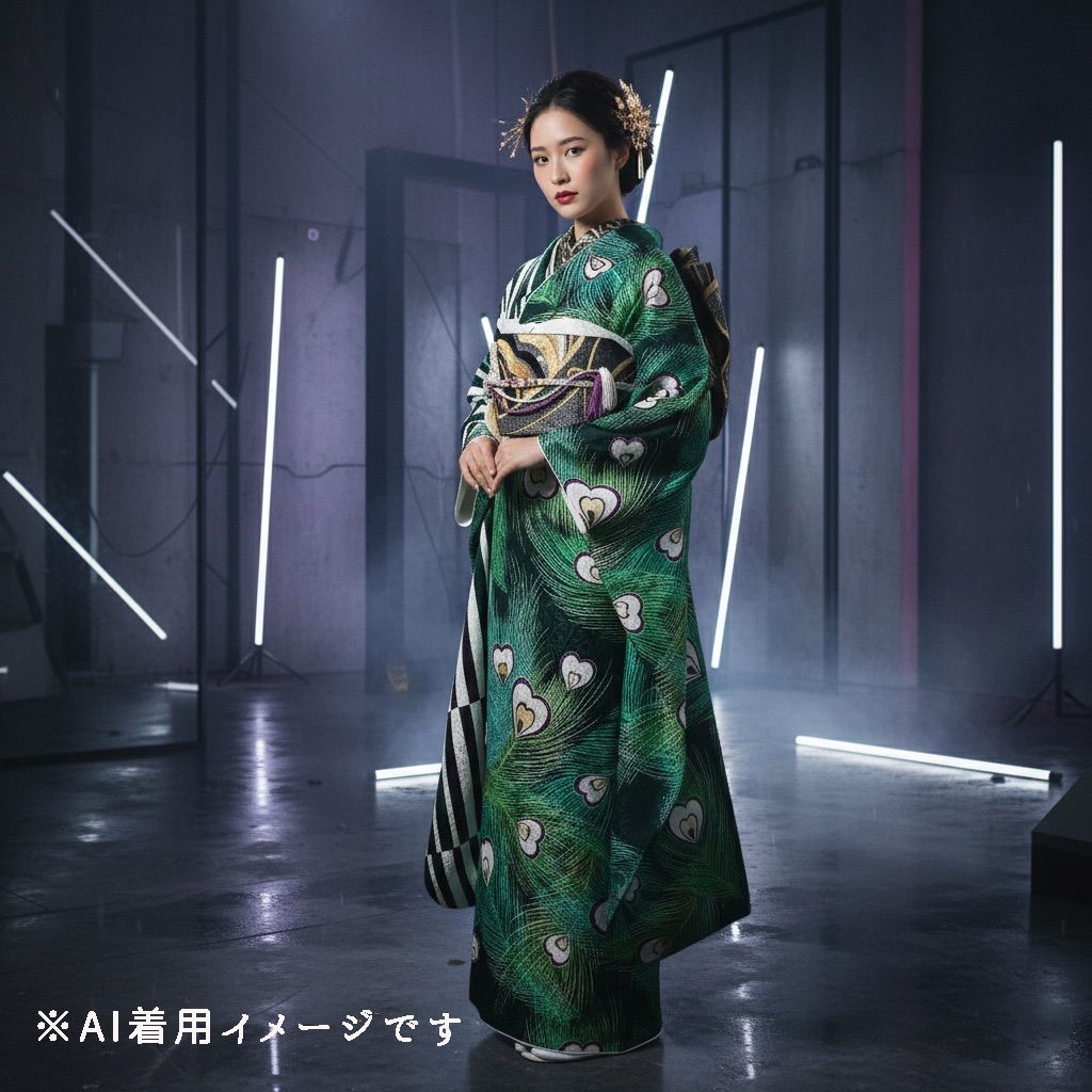 振袖フルセット 振袖セット 振袖 新品+USED品 LLサイズ クジャク×エメラルドグリーン 緑 紫 ストライプ 片身替わり ゴージャス 成人式 着物 晴れ着 7点フルセット FWRT-3 振袖フルセット 振袖セット 振袖 新品+USED品 LLサイズ クジャク