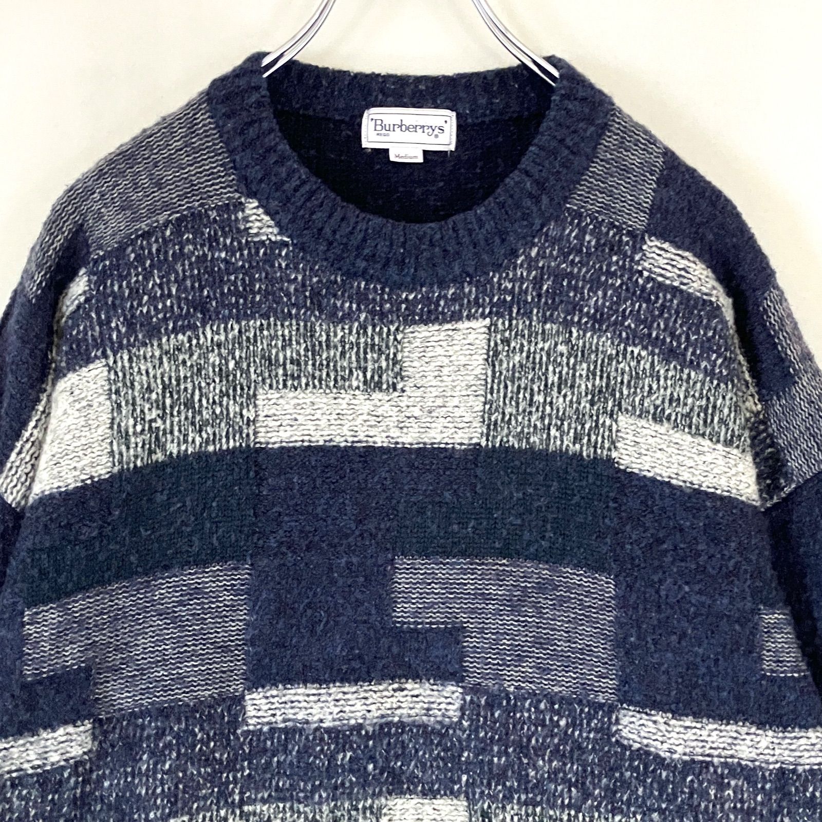 バーバリー☆90s シャギーニット/モザイク柄ウールセーター☆C-TK83(三