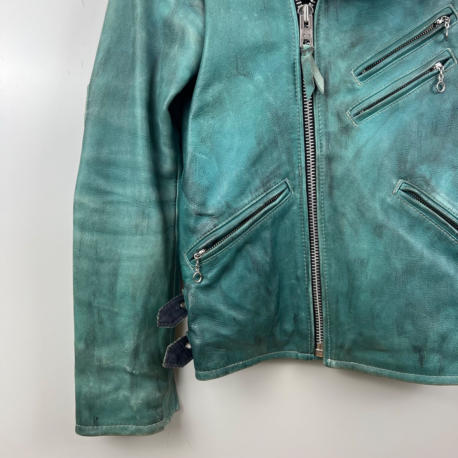 激レア⭐️90s Schott 青レザー フード付きジャケット　サイドライン　XL 激レア⭐️90s Schott 青レザー フード付きジャケット サイドライン XL