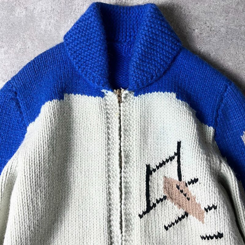 60s フットボール 総柄 フルジップ ウール カウチン ニット セーター